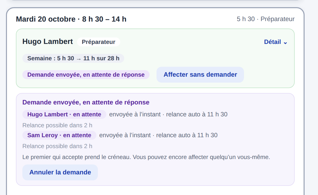 Demande envoyée, en attente de réponse : Hugo et Sam en attente, relance automatique à 11 h 30, le premier qui accepte prend le créneau