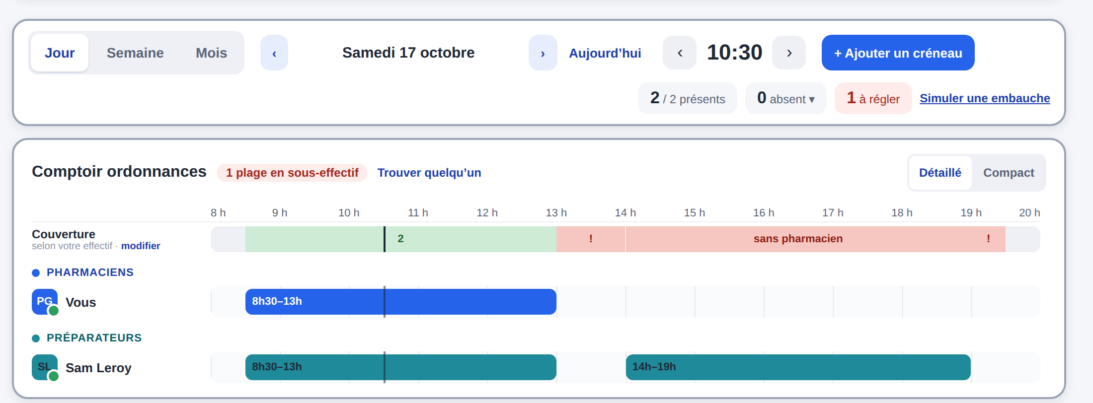 Vue Jour du samedi : la couverture est verte jusqu’à 13 h puis rouge, sans pharmacien, jusqu’à la fermeture ; une plage en sous-effectif, lien Trouver quelqu’un