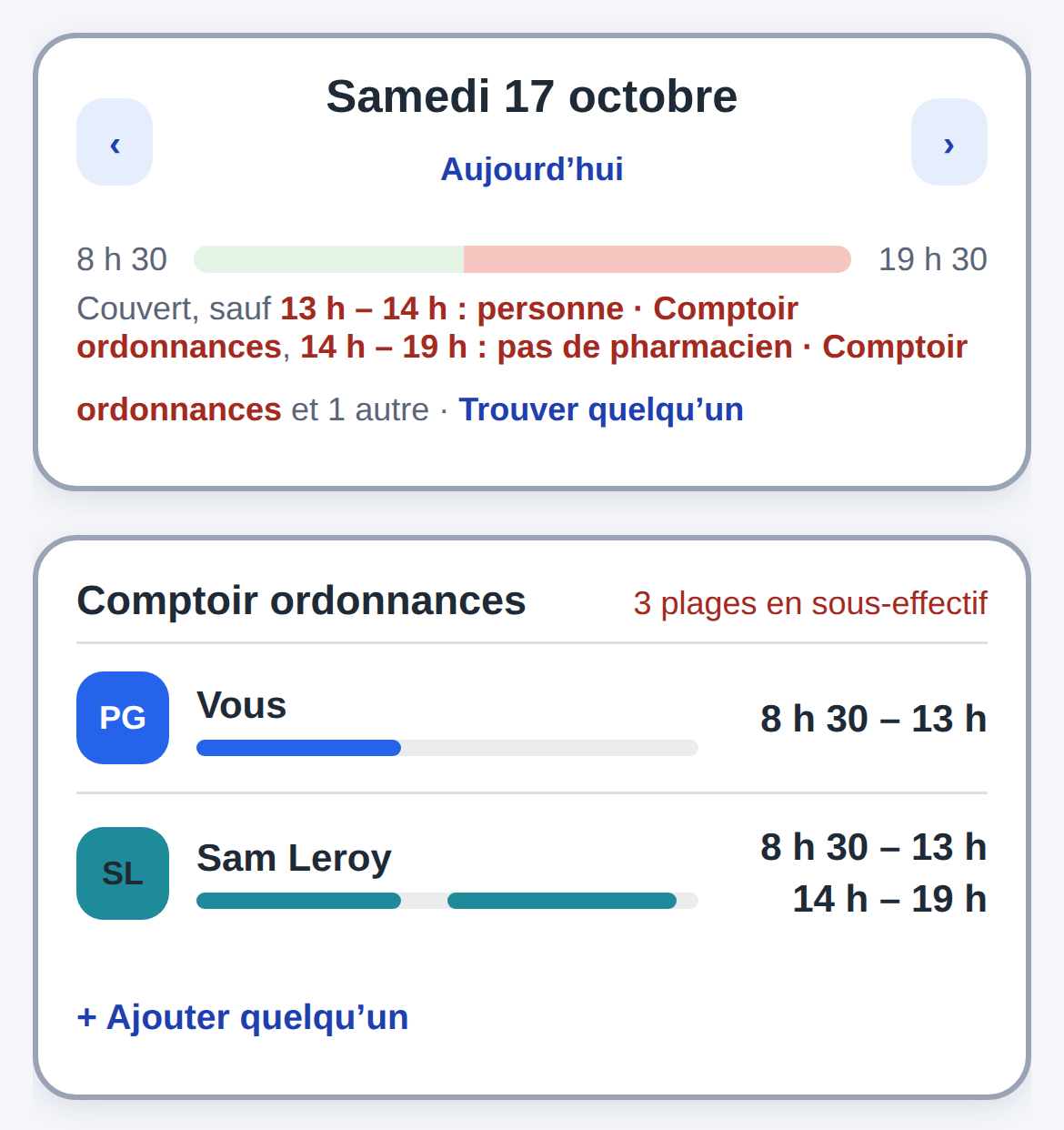 Vue Jour du samedi sur téléphone : la couverture passe au rouge l’après-midi, sans pharmacien de 14 h à 19 h ; lien Trouver quelqu’un